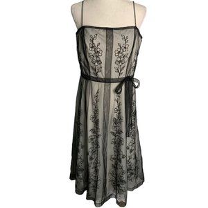 Papell Boutique Embroidered Mesh Swing Dress 14 Black Sleeveless Zipper Lined